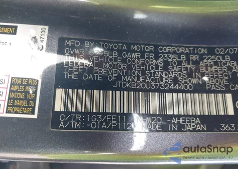 2007 Toyota Prius from USA, damaged, VIN JTDKB20U373244400